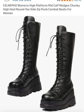 NEW Black Mid-Calf Lace-Up Platform Wedge Boots for Women